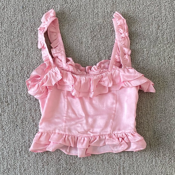 & Other Stories Tops - Women’s Pink Satin Ruffled Crop Blouse Coquette Fall Feminine Casual Y2K